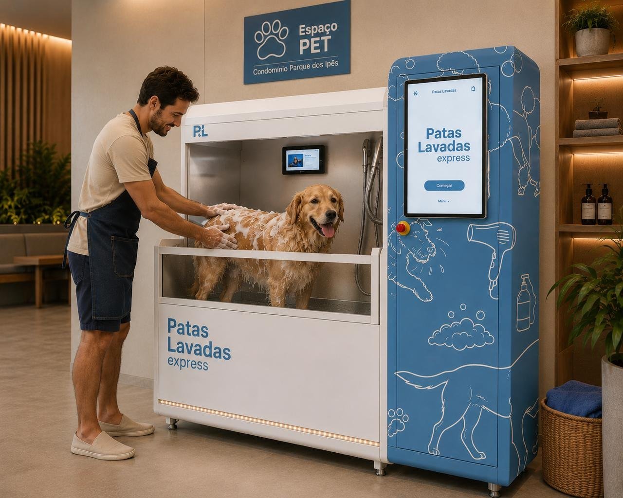 Tutor dando banho no seu cão na estação Patas Lavadas, dentro de um condomínio
